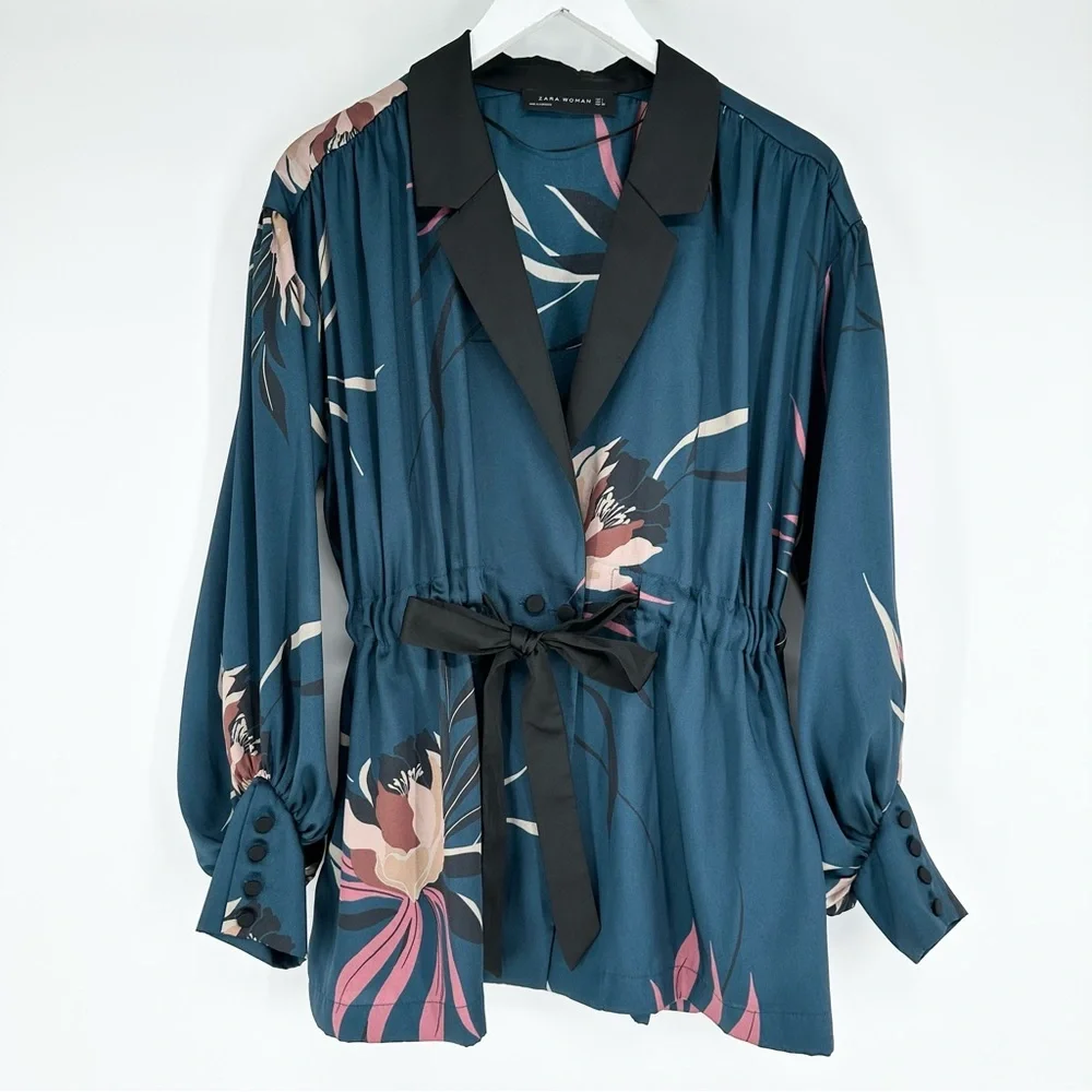 Zara Floral Matching Set Blazer Kimono Jacket Palazzo Wide Leg Pants
